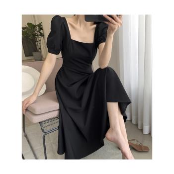 FT GUOGE黑色新款方領氣質連衣裙