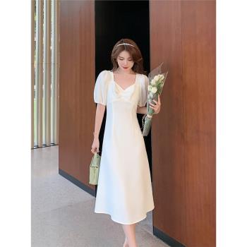 島歌夫人 法式方領白色連衣裙女夏季高級感輕禮服氣質中長款收腰
