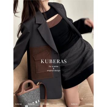 KUBERAS/復古高級感小眾拼色西裝外套鏤空針織T恤上衣半裙3件套裝