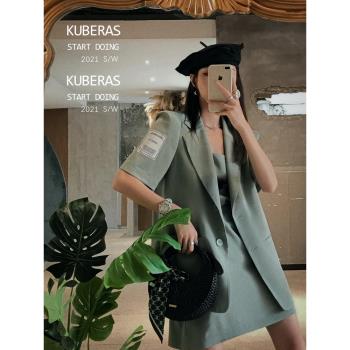 KUBERAS/小眾設計師款洋氣顯瘦背心連衣裙闊版貼標西裝外套套裝女