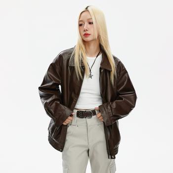 美式復古美拉德穿搭嘻哈機車風PU皮外套女秋潮牌寬松情侶翻領夾克