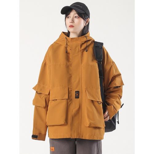 日系復古多口袋連帽夾克男女款BF風寬松防風中性沖鋒衣短外套工裝