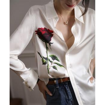 玫瑰花印花高級感重磅緞面真絲襯衫女士高端桑蠶絲氣質長袖襯衣