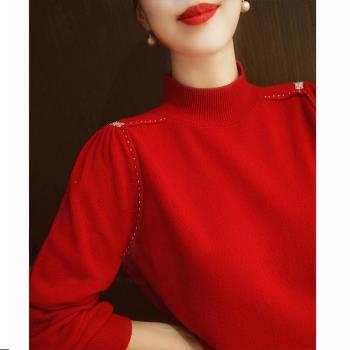 早春季新款本命年紅色釘珠羊絨衫毛衣設計感氣質減齡燈籠袖上衣女