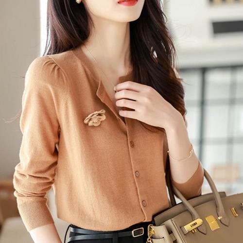 法式復古時尚氣質上衣高級感女神范山茶花長袖針織衫輕奢小眾開衫