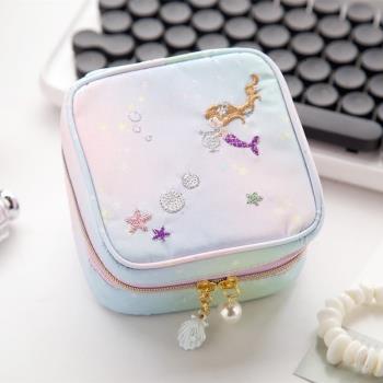 日系甜美刺繡美人魚首飾盒耳環戒指盒韓國可愛便攜迷你飾品收納包