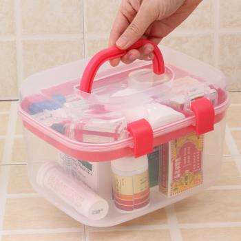 透明化妝品收納箱 帶蓋針線整理盒塑料雙層加厚醫藥箱手提工具箱