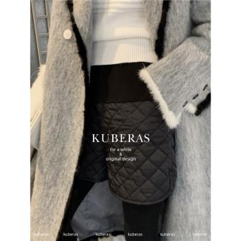 KUBERAS/比例重塑高手設計感超高腰寬松顯瘦拼毛呢雙C格棉厚短褲