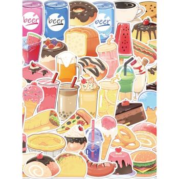 50張原創手繪美食飲品kat 涂鴉貼紙拉桿箱水杯日記本防水diy貼畫