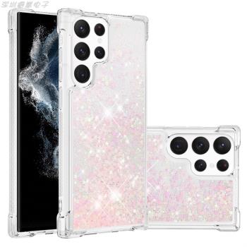 適用三星s23Plus透明流沙手機殼s23Ultra彩色閃粉TPU四角氣囊防摔