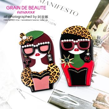 韓國進口GRAIN de BEAUTE時髦豹紋小姐姐珍珠墨鏡手機貼紙