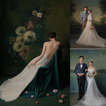 深藍手工繪畫法系貴族高定肖像婚紗攝影主題拍照復古油畫背景布