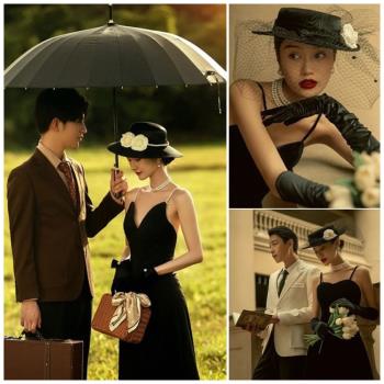 赫本風婚紗攝影道具流行法式復古英倫田園戶外拍照黑傘禮帽手提箱