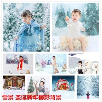 新年圣誕節冬季雪景兒童攝影背景 影樓影棚寫真拍照拍攝背景布