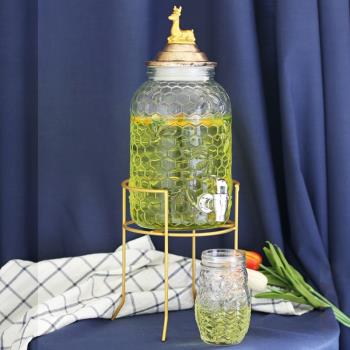 歐式動物蓋孔雀金鹿蜂窩圖案果汁罐玻璃帶水龍頭聚會飲料桶涼水壺