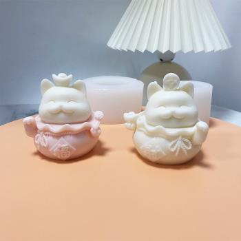 發財貓頭蠟燭矽膠模具立體小貓香薰石膏模手工diy礦香石樹脂擺件