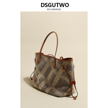 DSGUTWO 2023新款時尚格紋帆布包單肩手提女大容量托特寵物背包