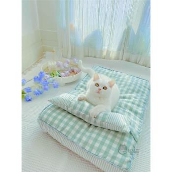 一織貓 韓式格子床墊貓窩 帶枕頭可全拆洗網紅睡墊狗床貓墊用品