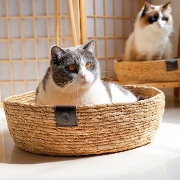天然蒲草碗型貓窩夏天涼窩帶冰墊涼席四季通用貓咪用品清涼藤編窩