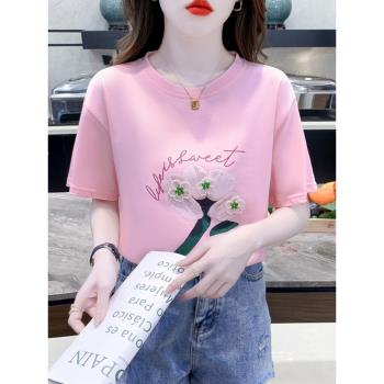 粉紅色純棉印花T恤女短袖夏季2023新款百搭減齡設計感小眾上衣潮