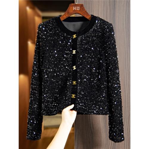 黑色小香風重工亮片絲絨短外套女秋冬新款氣質洋氣長袖百搭上衣