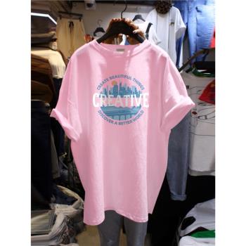 ins減齡粉色個性字母印花短袖T恤男女2023夏季設計感學生純棉上衣