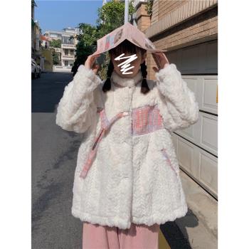 白色羊羔毛絨皮草加絨外套女冬季小個子學生可愛甜美寬松加厚棉服