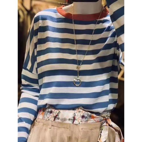 王菲同款純棉線針織衫女圓領條紋撞色上衣寬松薄毛衣百搭打底衫潮