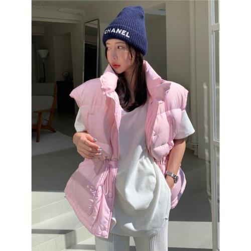 韓國東大門2025冬裝新款抽繩收腰無袖加厚百搭羽絨棉服馬甲外套女