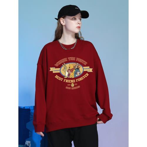 vintage寬松小眾卡通原宿風chic慵懶風復古酒紅色休閑衛衣2025秋