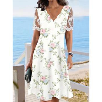 夏季新款ebay獨立站歐美風格時尚女裝印花蕾絲花邊v領短袖連衣裙