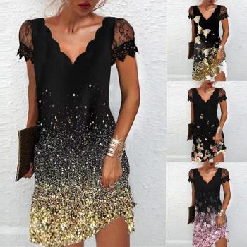 歐美女裝跨境新款ebay獨立站wish 定位印花波浪V領蕾絲短袖連衣裙