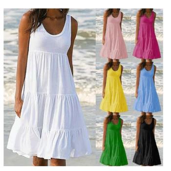 夏新款時尚Wish亞馬遜速賣通歐美女裝色碼無袖圓領拼接大擺沙灘裙