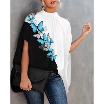 歐美風街頭新款亞馬遜ebay速賣通夏季休閑時尚印花開叉蝙蝠袖上衣