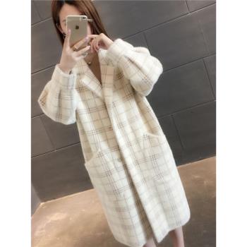 仿水貂絨超火毛衣中長款格子外套
