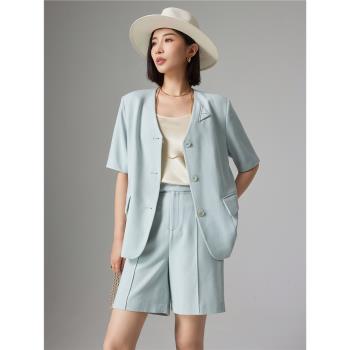 夏季短袖外套高腰五分褲時尚亞麻