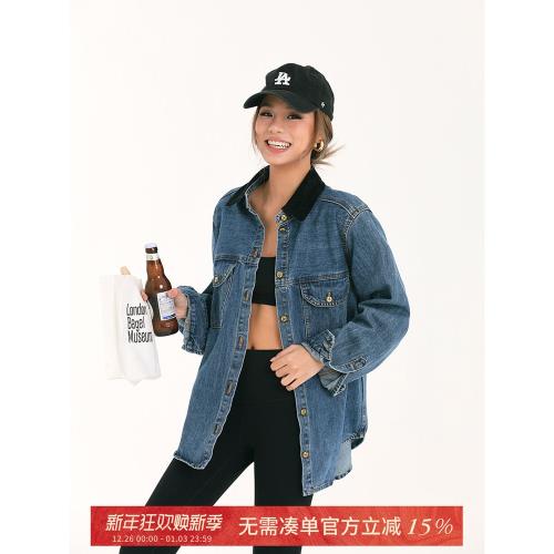 DiscoGlam 燈芯絨領藍色襯衫牛仔外套復古休閑老錢風OldMoney女