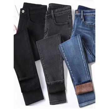 Women velvet jeans stretch high waist winter warm pants 女褲