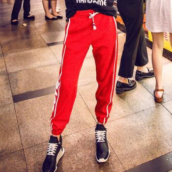 歐洲站時尚寬松紅色運動褲