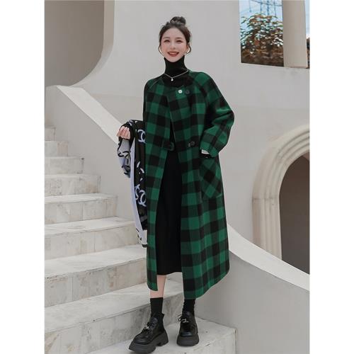 2025秋冬新款帶帽雙面呢子大衣女外套中長款假兩件綠色格子羊毛呢