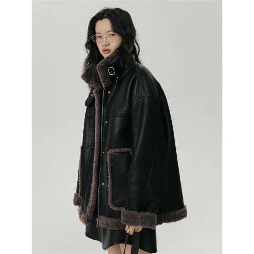 omont蛋撻家皮毛一體仿羊羔毛外套女秋冬寬松機車服夾克厚外套