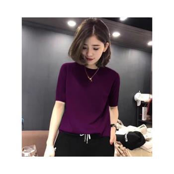 紫色中袖針織衫女秋季新款修身內搭圓領打底衫洋氣減齡五分袖上衣