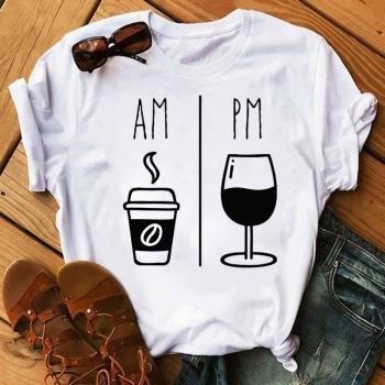 AM Coffee PM Red Wine Print T Shirt夏季時尚咖啡紅酒藝術女T恤