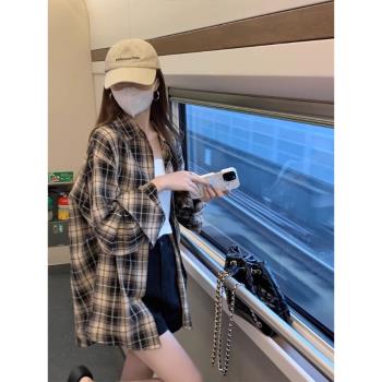 長袖防曬格子襯衫夏季薄款2025新款設計感上衣寬松休閑外套女春秋