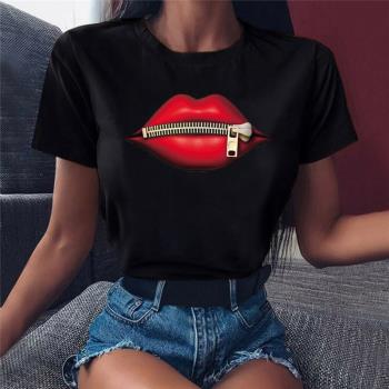 Red lips zipper print Women T-shirt 紅唇拉鏈印花黑色女士T恤