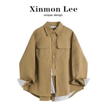 XinmonLee港風復古工裝襯衫外套女秋季假兩件設計感寬松顯瘦上衣