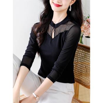黑色蕾絲打底衫女春秋2024新款網紗上衣長袖T恤修身內搭洋氣小衫