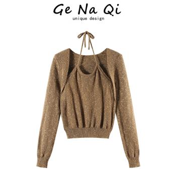 GeNaQi2023新款高級洋氣假兩件掛脖針織衫毛衣女秋季法式復古上衣