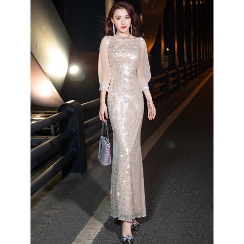 香檳色亮片媽媽婚宴晚禮服女2025新款高貴氣質訂婚魚尾主持人裙女