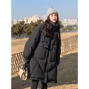 黑色中長款羽絨服女2023冬季新款韓版立領加厚寬松90白鴨絨外套潮